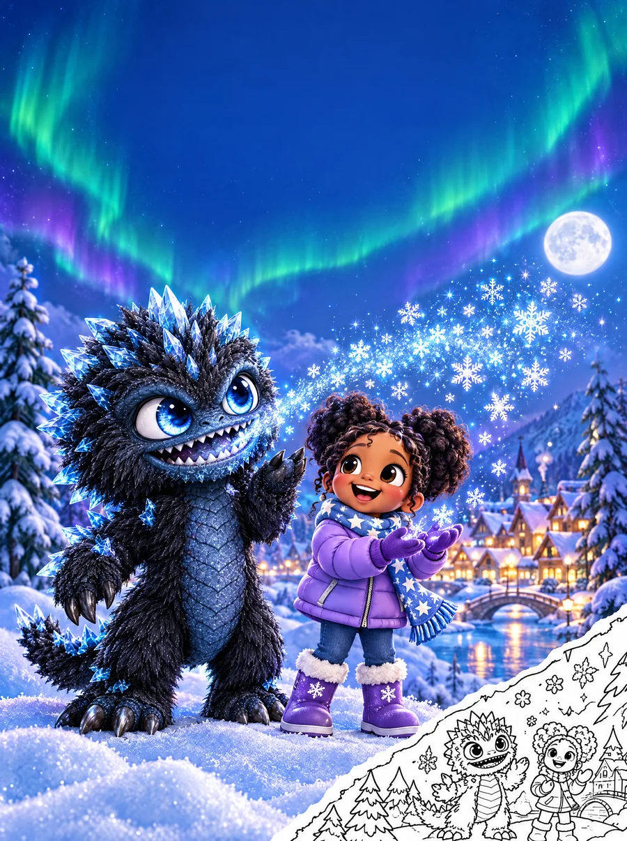 Cover art: Shiver blowing snowflakes under the northern lights while Mira laughs