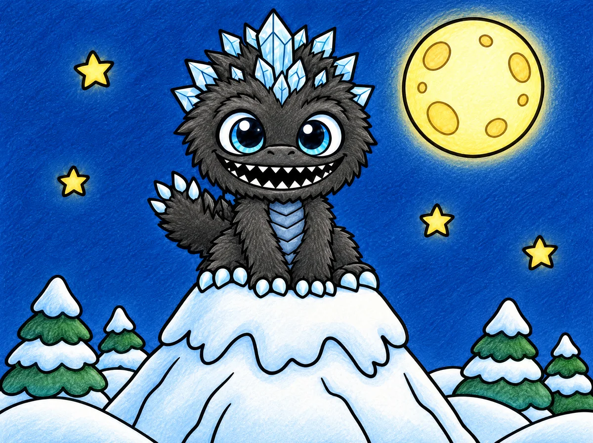 Shiver sitting happily on a snowy mountain peak under the moon and stars