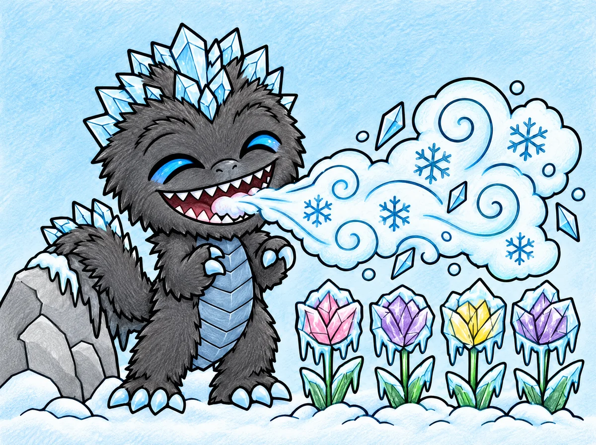 Shiver laughing as his icy breath freezes a row of flowers