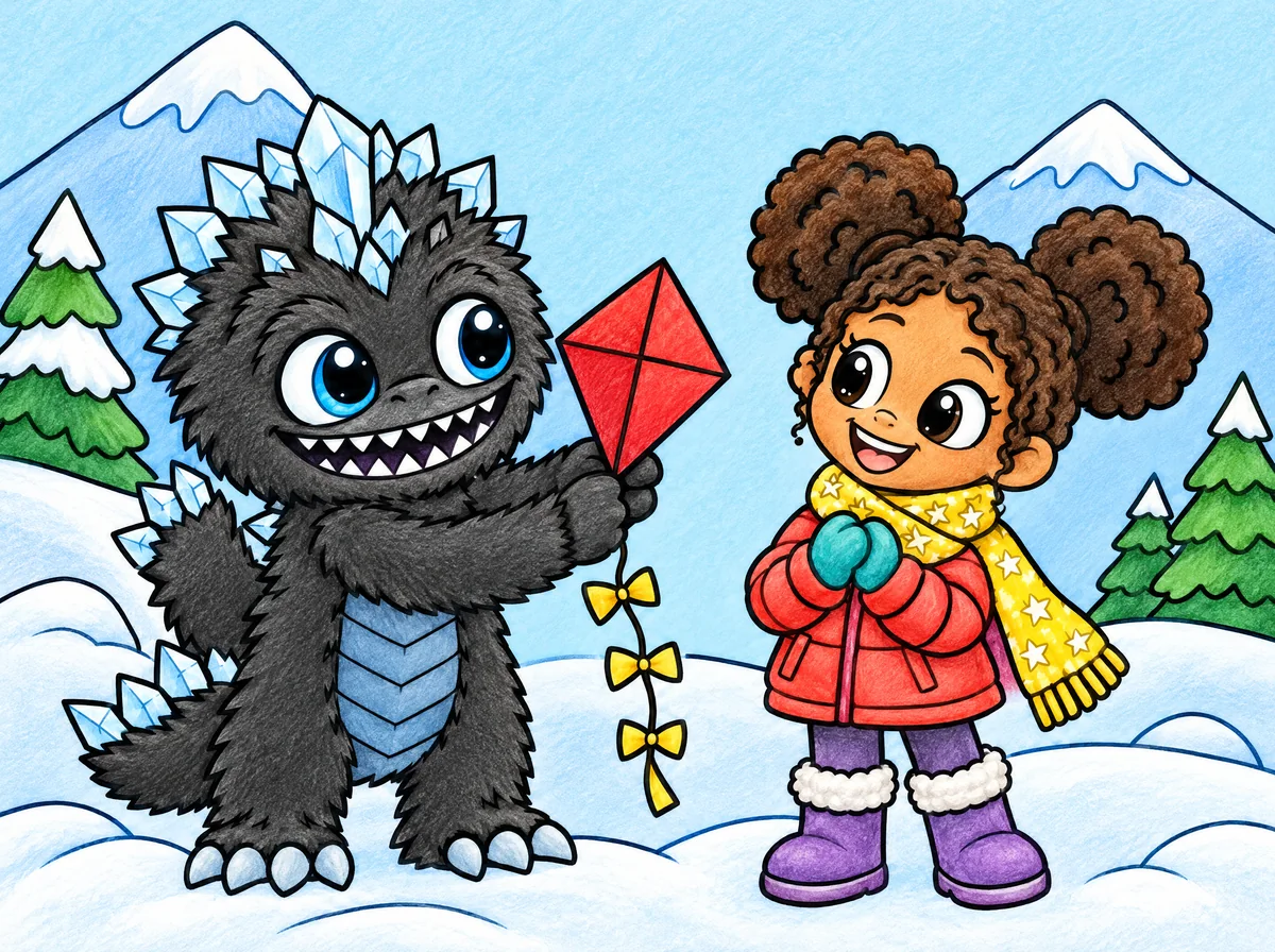 Shiver gently handing Mira her red kite on the mountainside