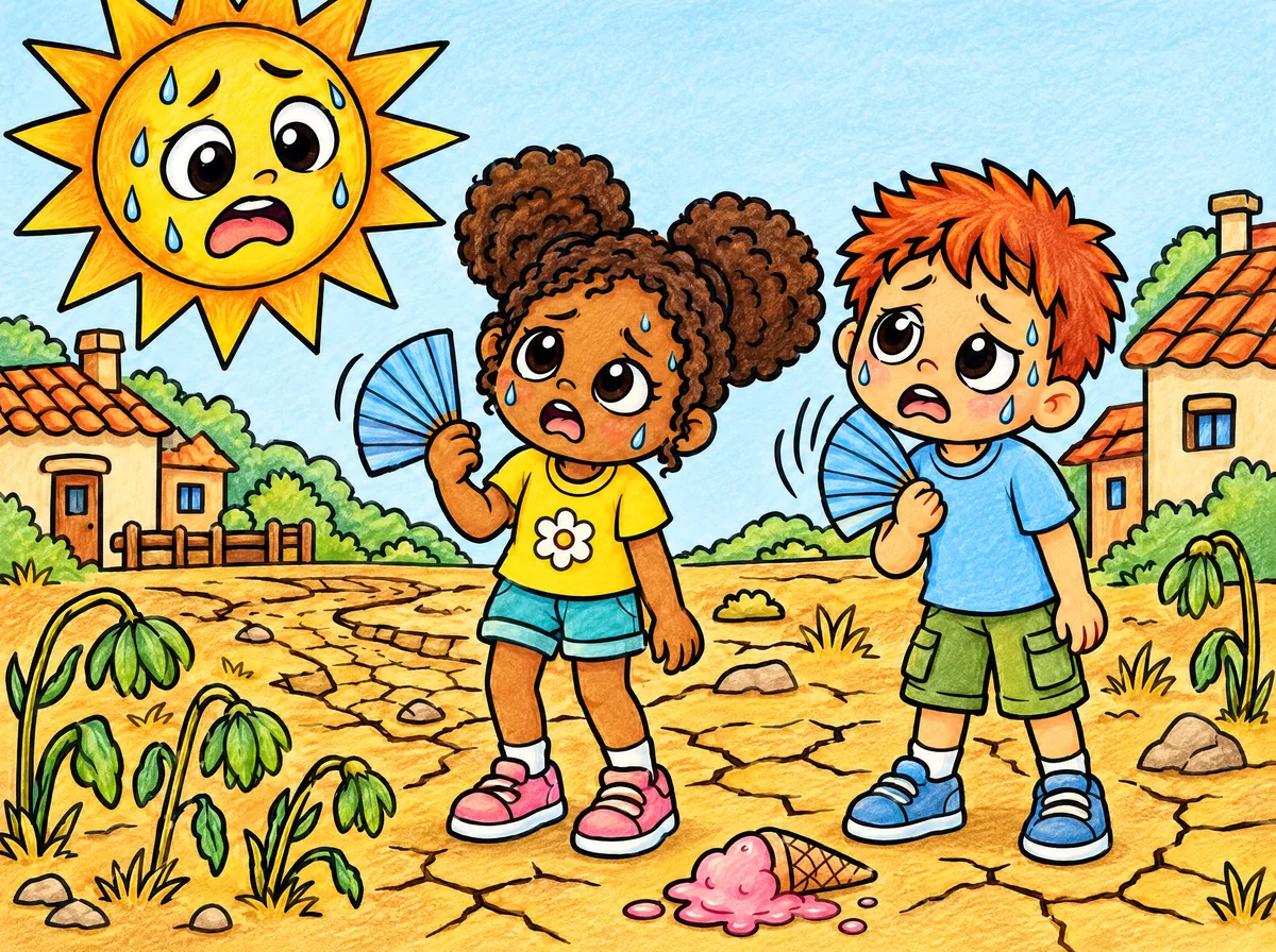 The village on a scorching summer day, with a sweaty sun, a dry river and a melted ice cream