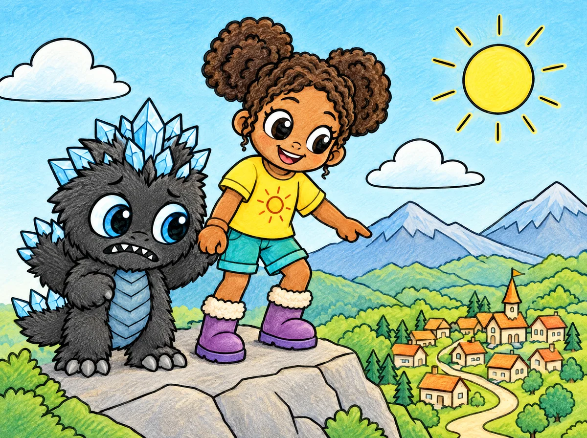 Mira holding Shiver's paw on the mountaintop above the hot village