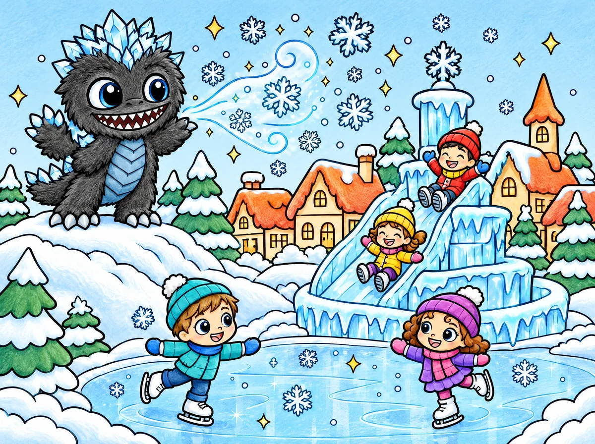 Shiver blowing snowflakes over the village as children slide down a frozen fountain and skate on the pond