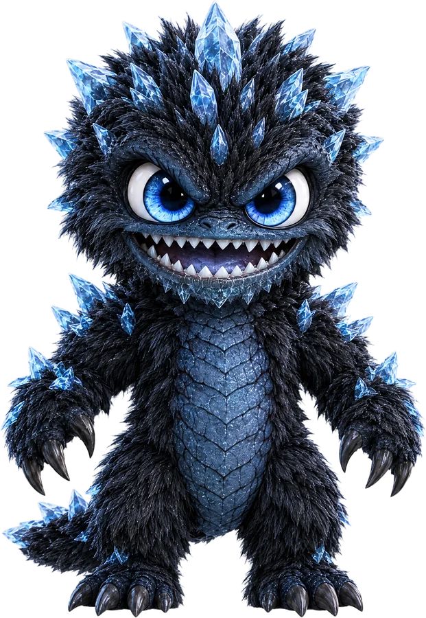 Shiver, a fluffy black ice monster with ice spikes and big blue eyes